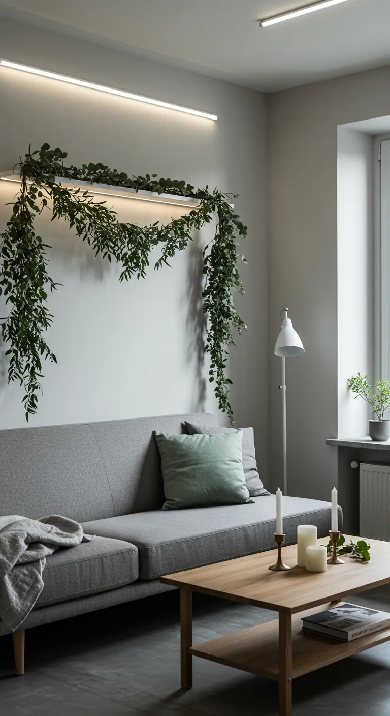 Guirlande de lierre vert minimaliste sur un mur blanc éclairé par un rail lumineux au-dessus du canapé.
