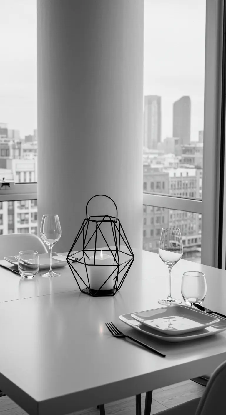 Lanterne géométrique noire sur une table minimaliste en noir et blanc.