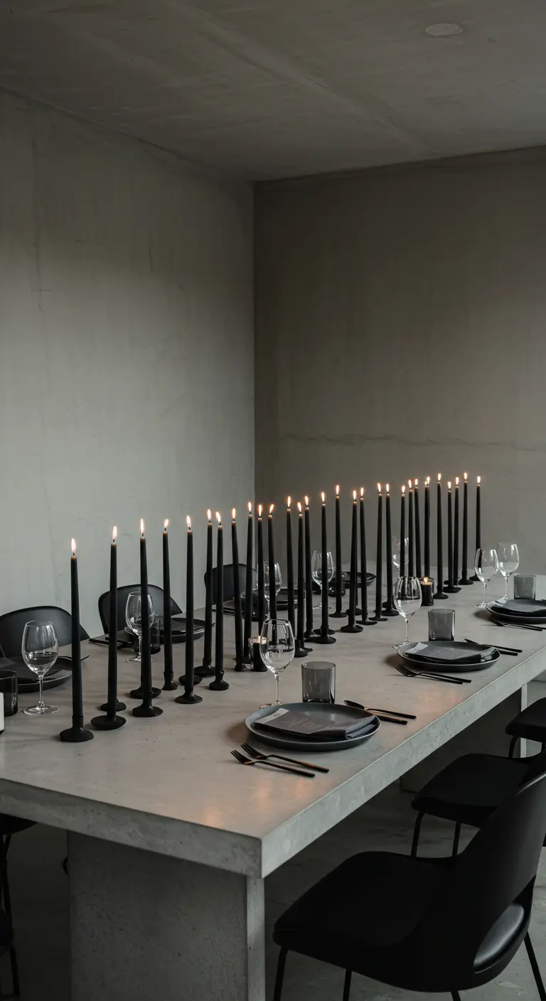 Table minimaliste en béton avec une longue rangée de fines bougies noires et de la vaisselle noire.