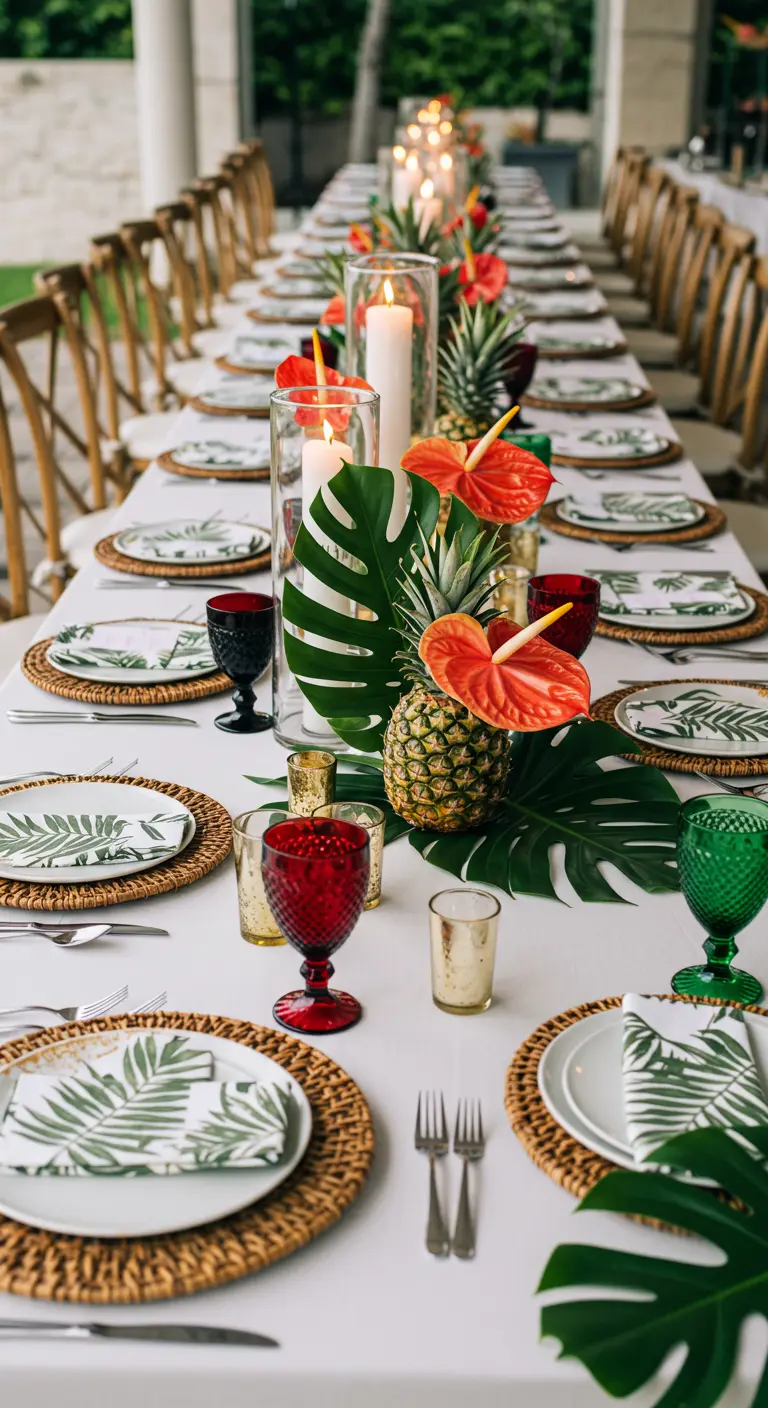 Longue table blanche avec ananas, feuilles de monstera, anthuriums rouges et verres multicolores.