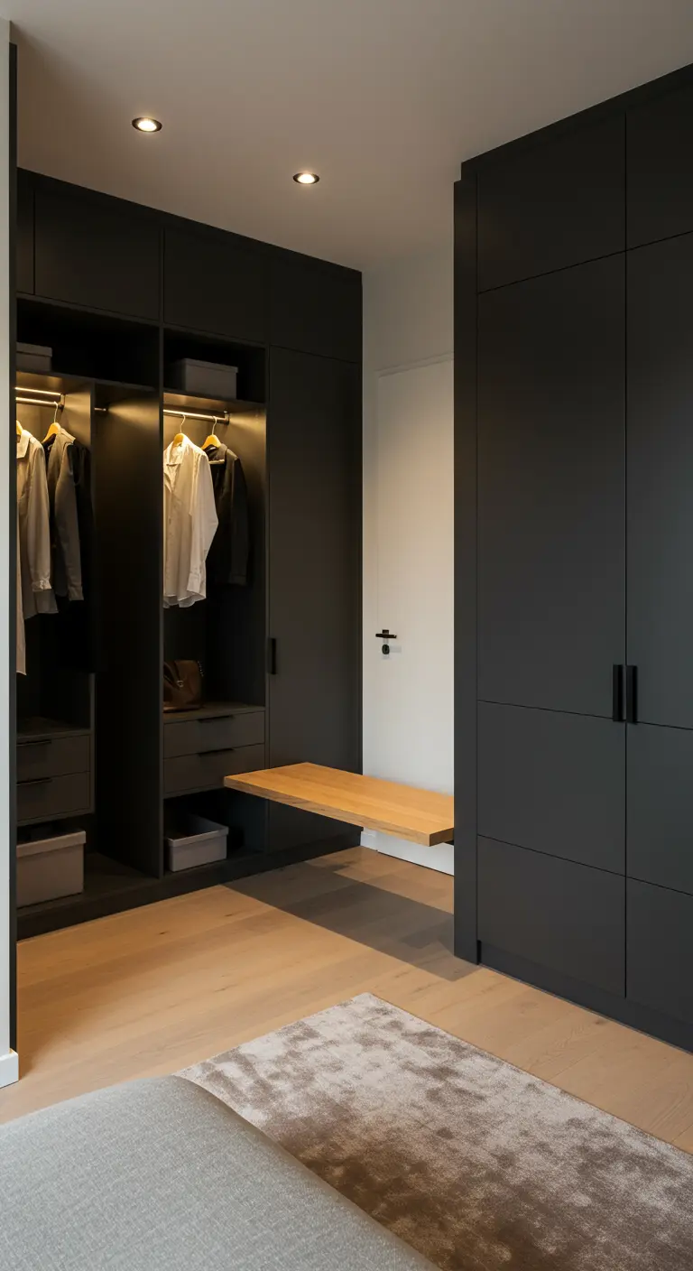 Dressing gris anthracite minimaliste avec banc flottant en bois clair.