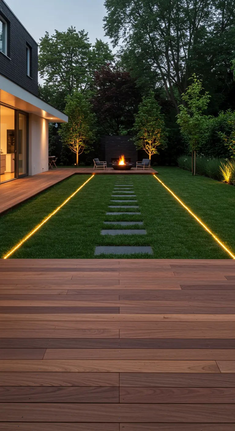 Pelouse encadrée par deux lignes de rubans LED menant à un foyer.