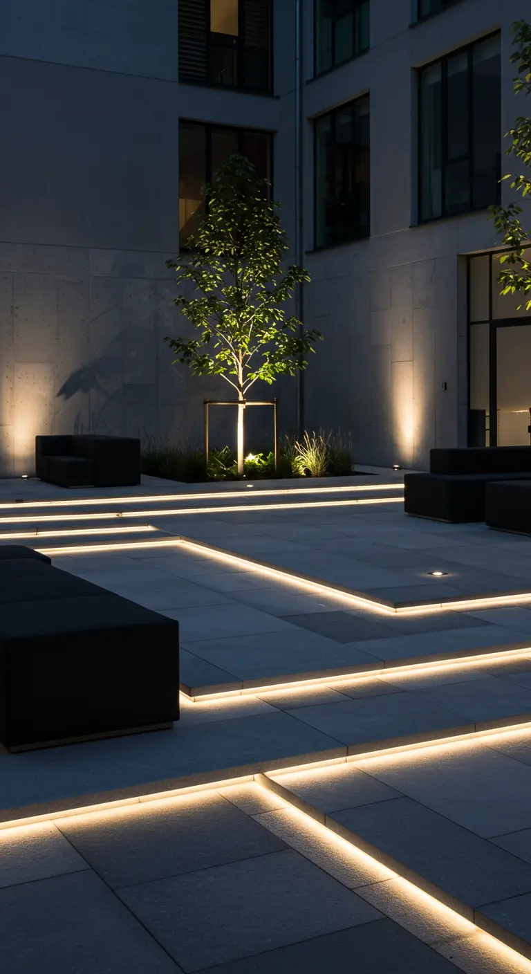Cour moderne avec des bandes lumineuses LED intégrées dans les marches et les bordures.