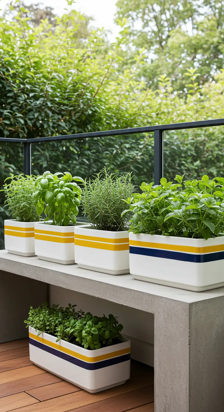 Jardinières rectangulaires blanches avec des rayures jaunes et bleues.