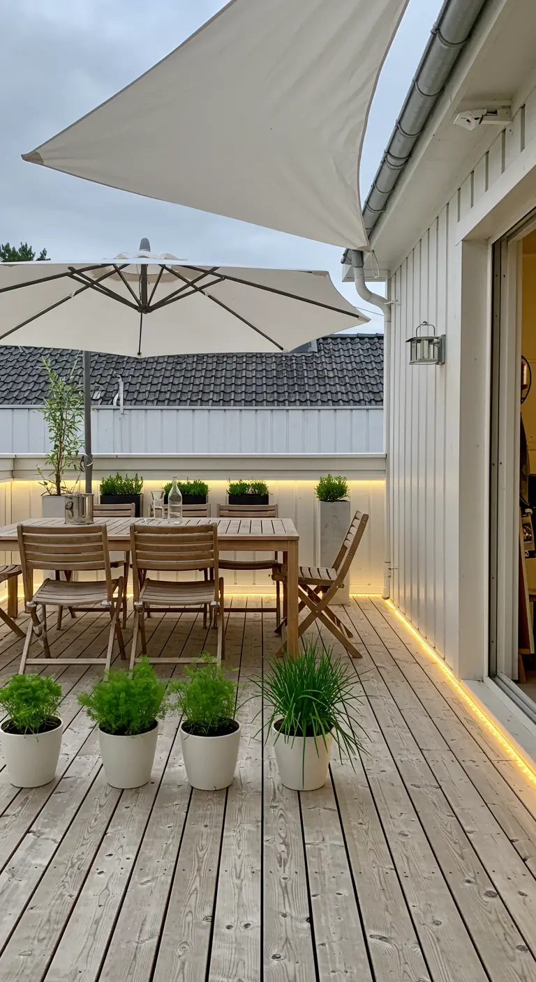 Terrasse moderne et épurée avec parasol blanc, voile d'ombrage et LED au sol.