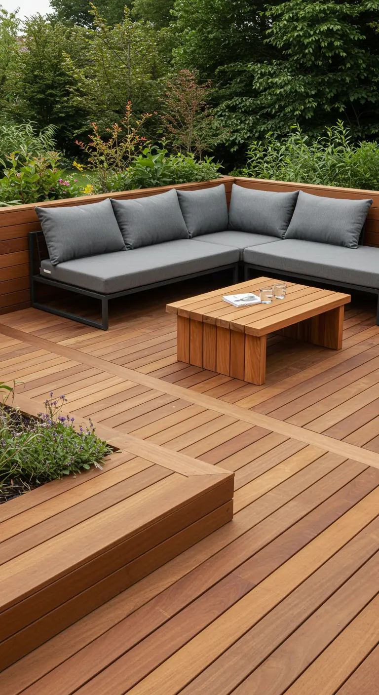 Salon de jardin gris sur une terrasse en teck avec une table basse assortie.