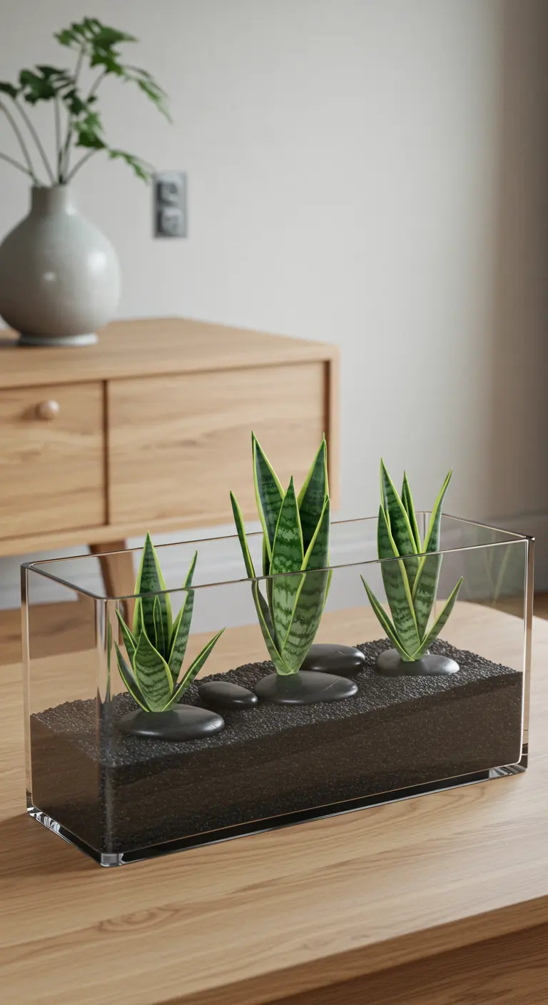 Terrarium rectangulaire avec trois sansevierias, gravier noir et galets lisses.