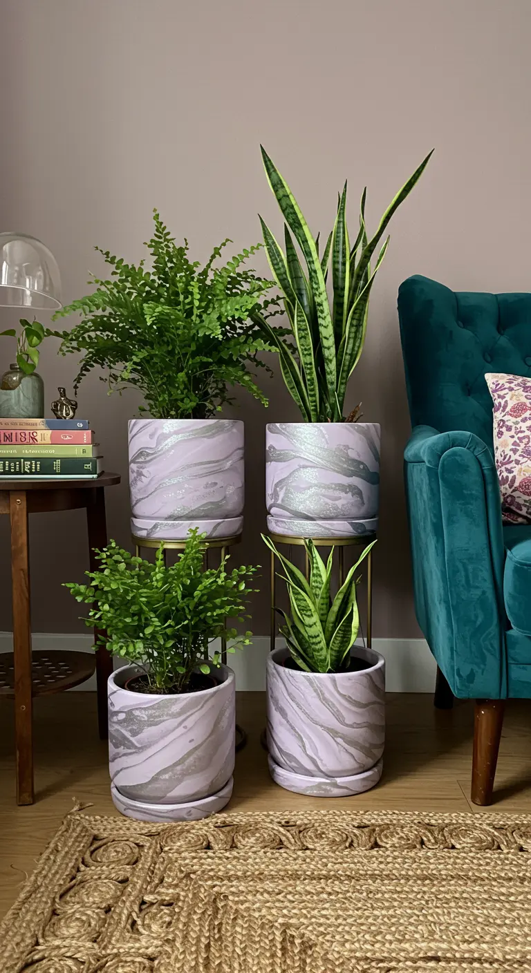 Quatre pots marbrés lilas et argent avec des fougères et des plantes serpent, ambiance zen.