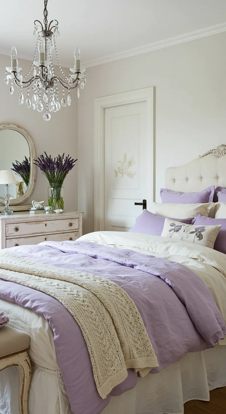 Chambre romantique avec linge de lit lilas, meubles blancs patinés et lustre en cristal.