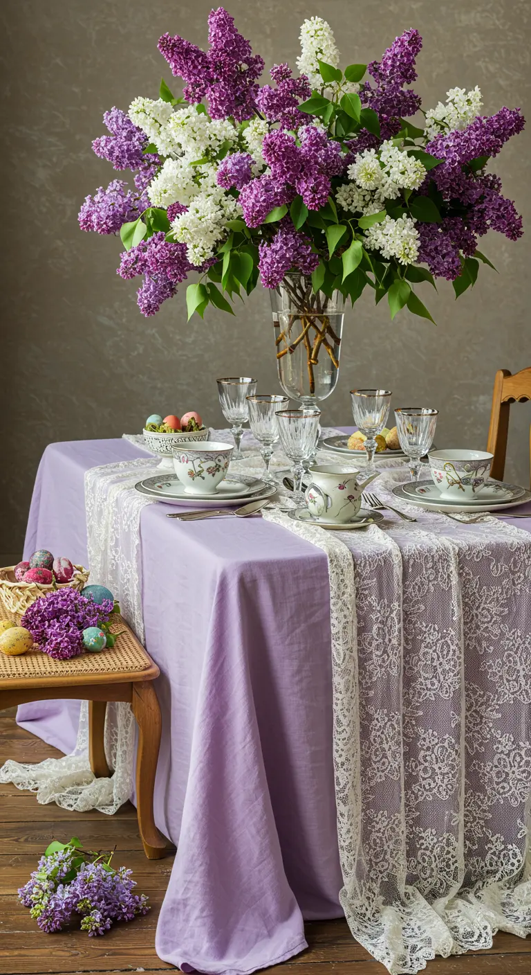 Table de Pâques romantique avec nappe lilas, dentelle et un grand bouquet de lilas.