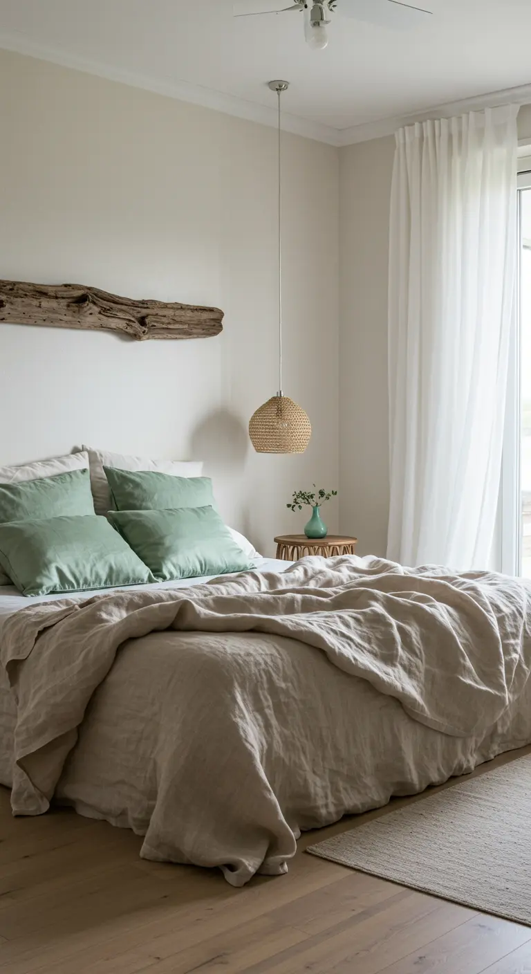 Chambre avec linge de lit en lin naturel, coussins vert olive et une branche de bois flotté en tête de lit.