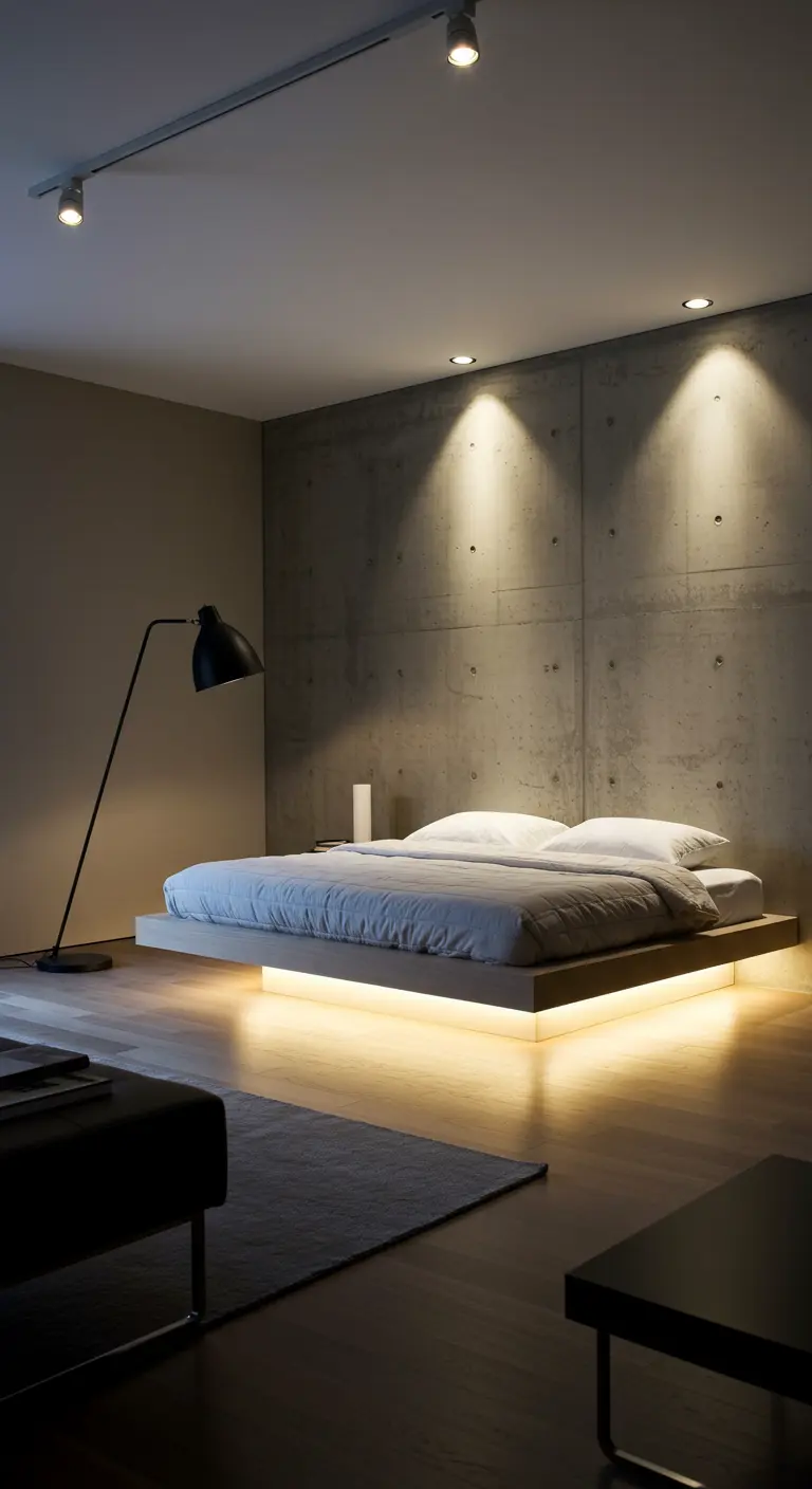 Lit flottant sur un halo de lumière LED dans une chambre en béton.