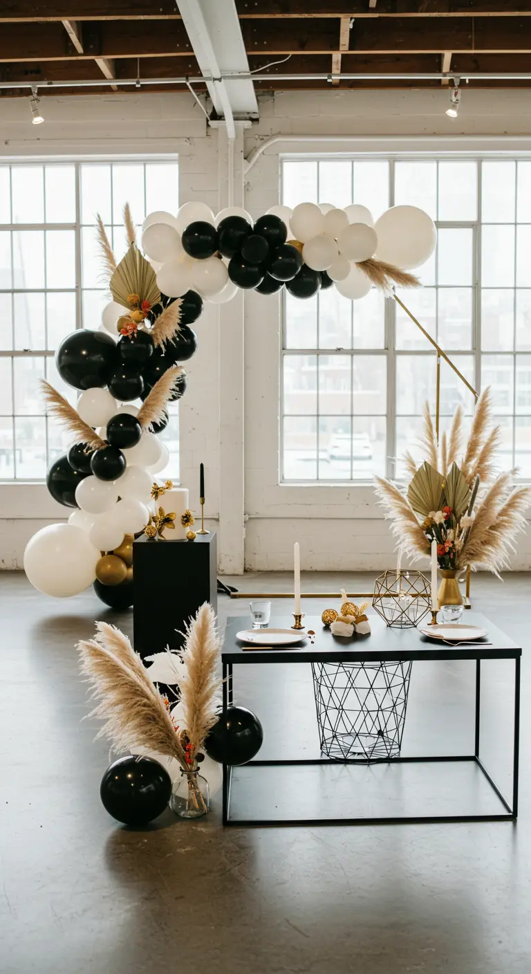 Arche de ballons noirs, blancs et dorés dans un loft moderne avec mobilier épuré.