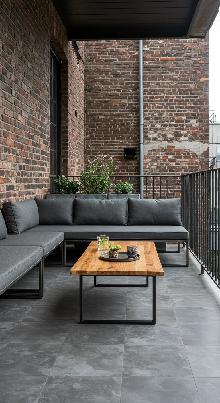 Salon de jardin gris avec structure en métal noir sur un balcon industriel.