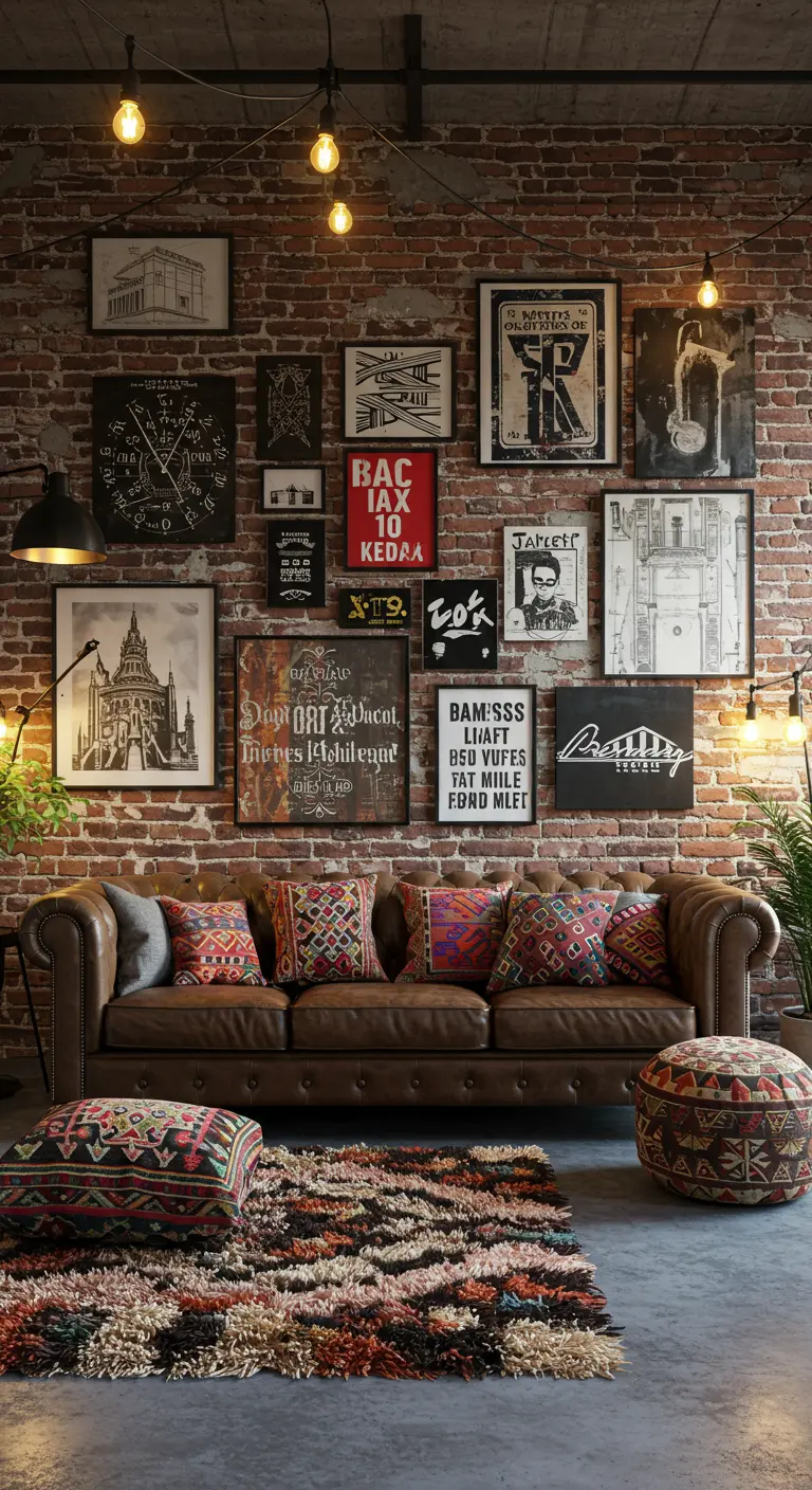 Salon de style industriel avec mur de briques, canapé en cuir et un tapis berbère coloré.