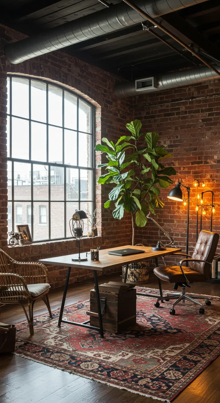 Bureau dans un loft avec mur de briques, grande plante et fauteuil en cuir.