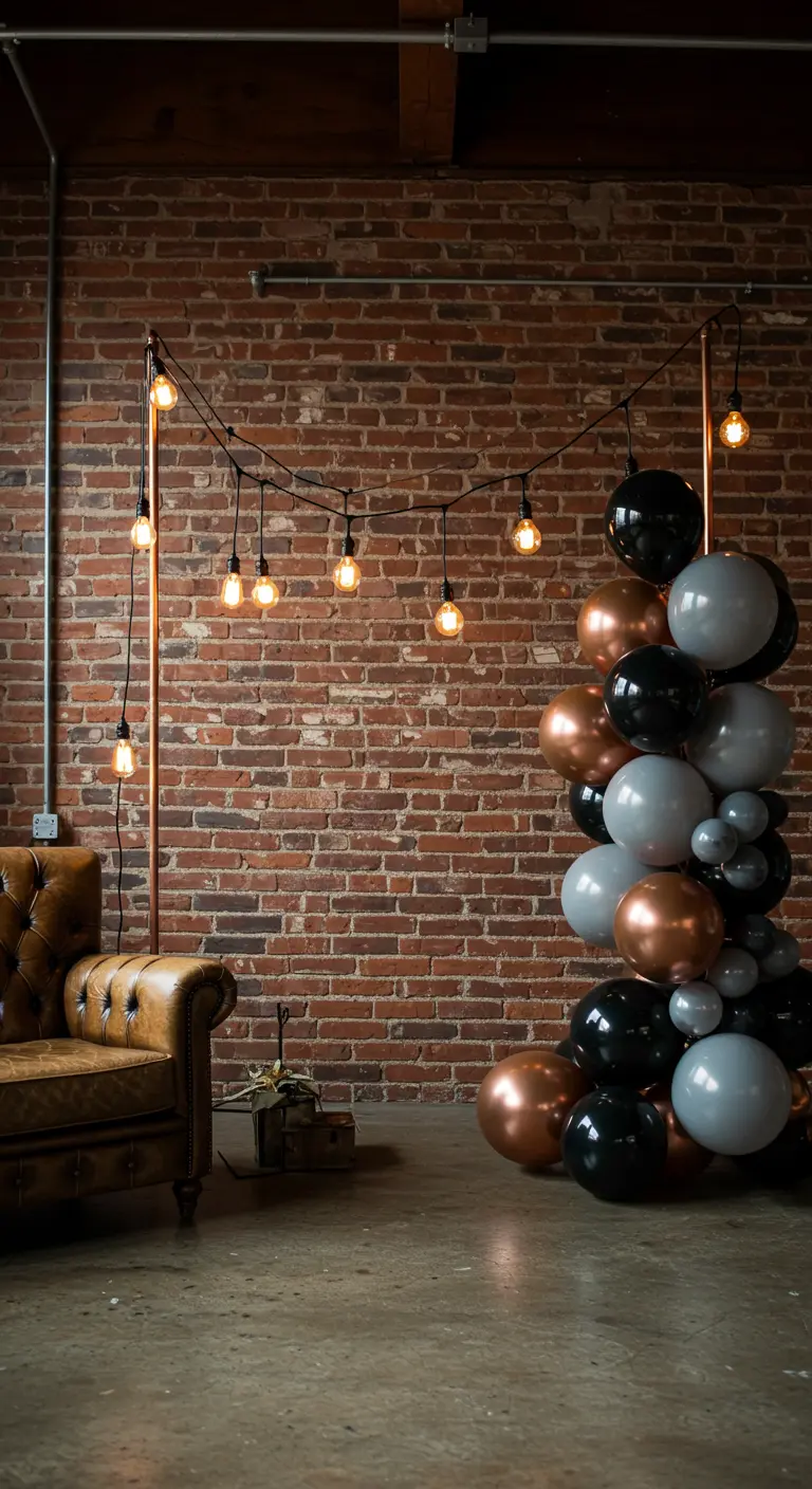 Photobooth industriel devant un mur de briques, avec une structure en cuivre et des ballons sombres.