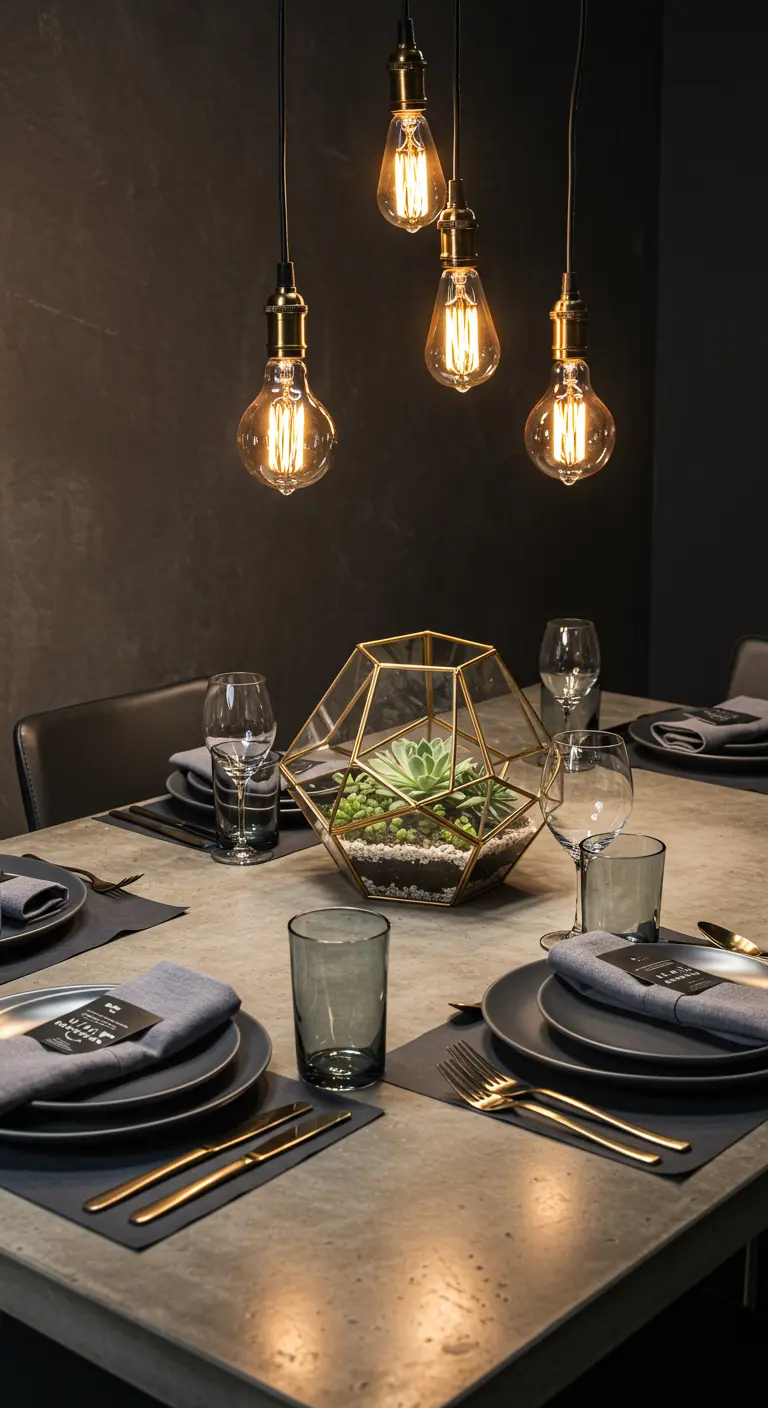 Table de style industriel avec ampoules Edison et terrarium géométrique doré.
