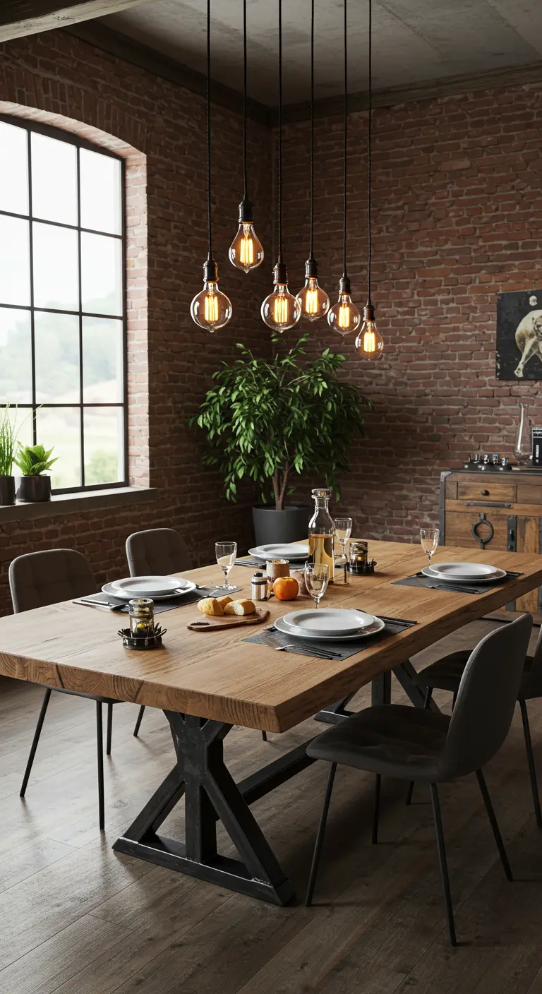 Table à manger industrielle en bois et métal sous une suspension à ampoules Edison.
