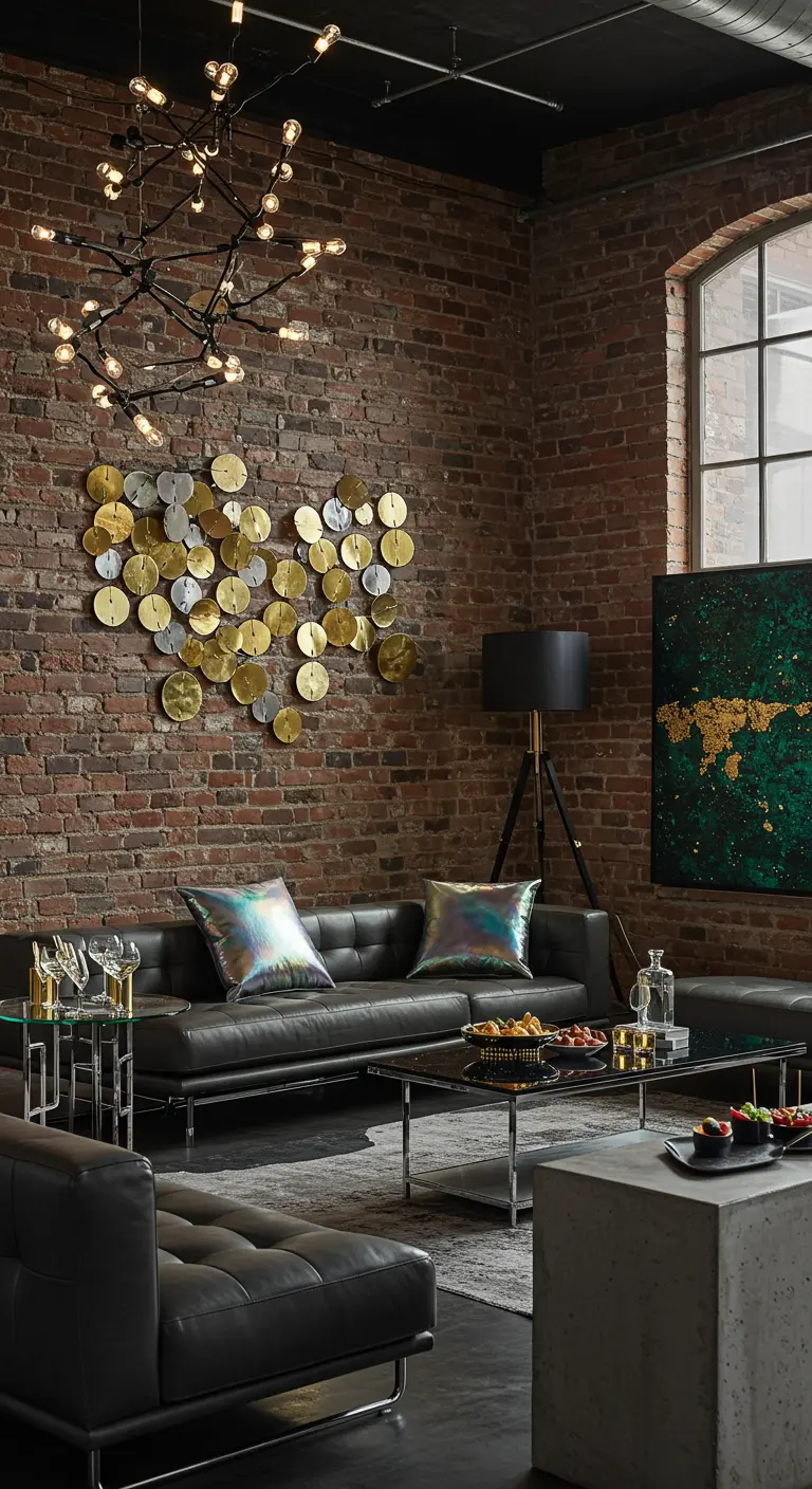 Un loft industriel avec un mur de briques, un grand luminaire, des canapés en cuir et des coussins irisés.