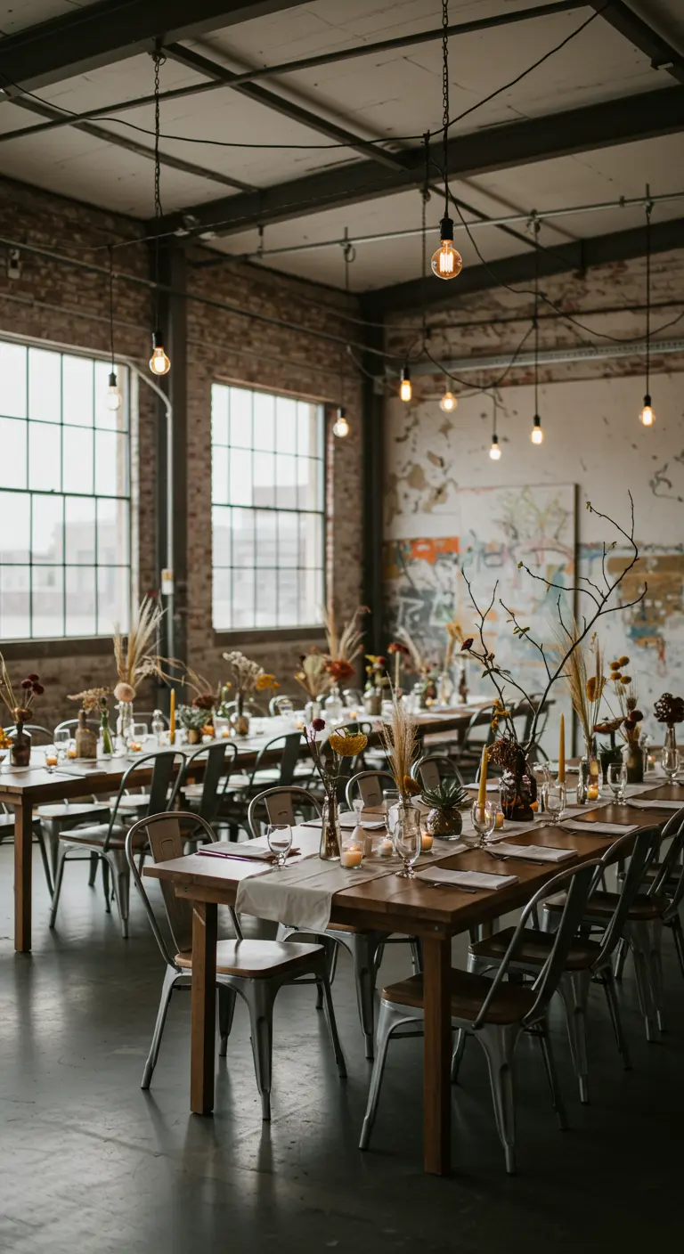 Tables de réception dans un loft industriel, décorées de fleurs séchées, branches et bougies chandelles.