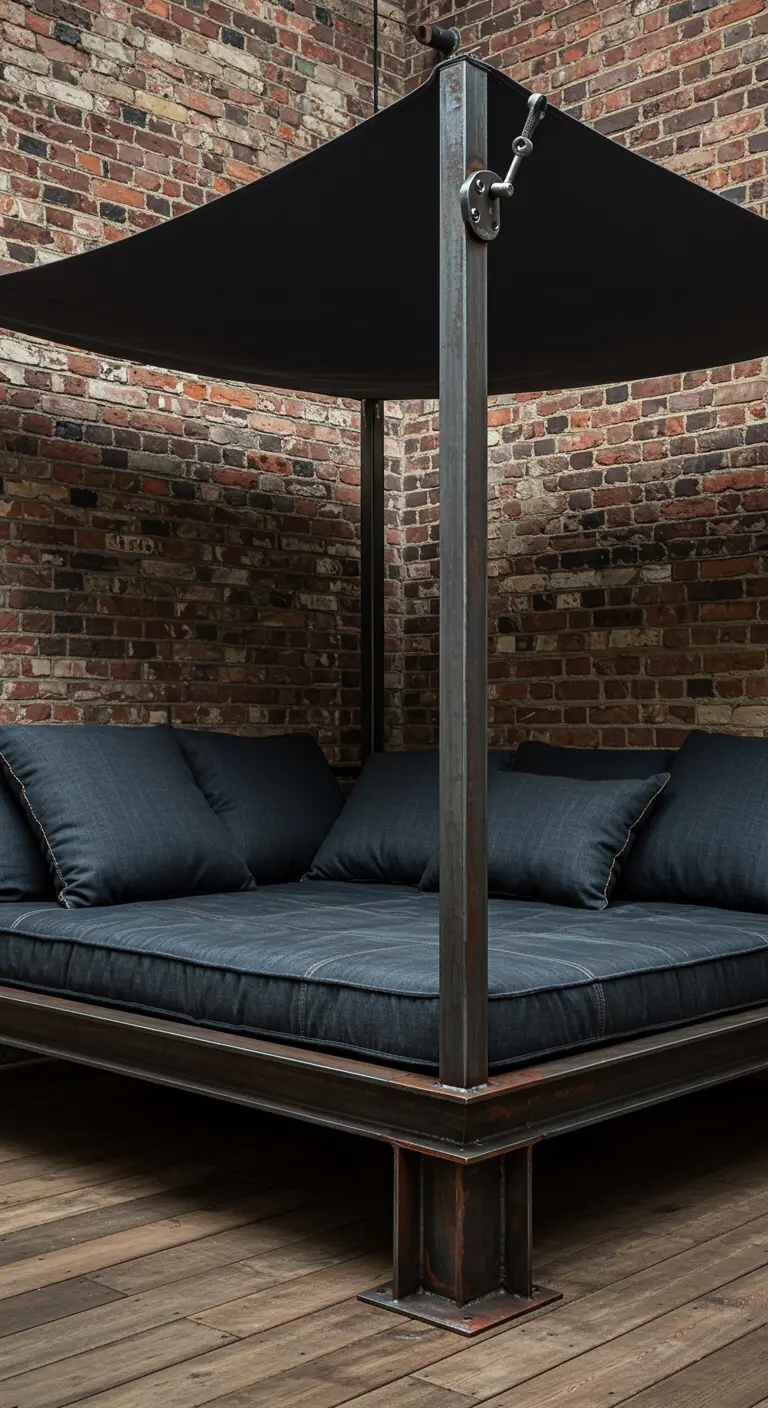Lit de jour à structure en acier sur un patio en briques