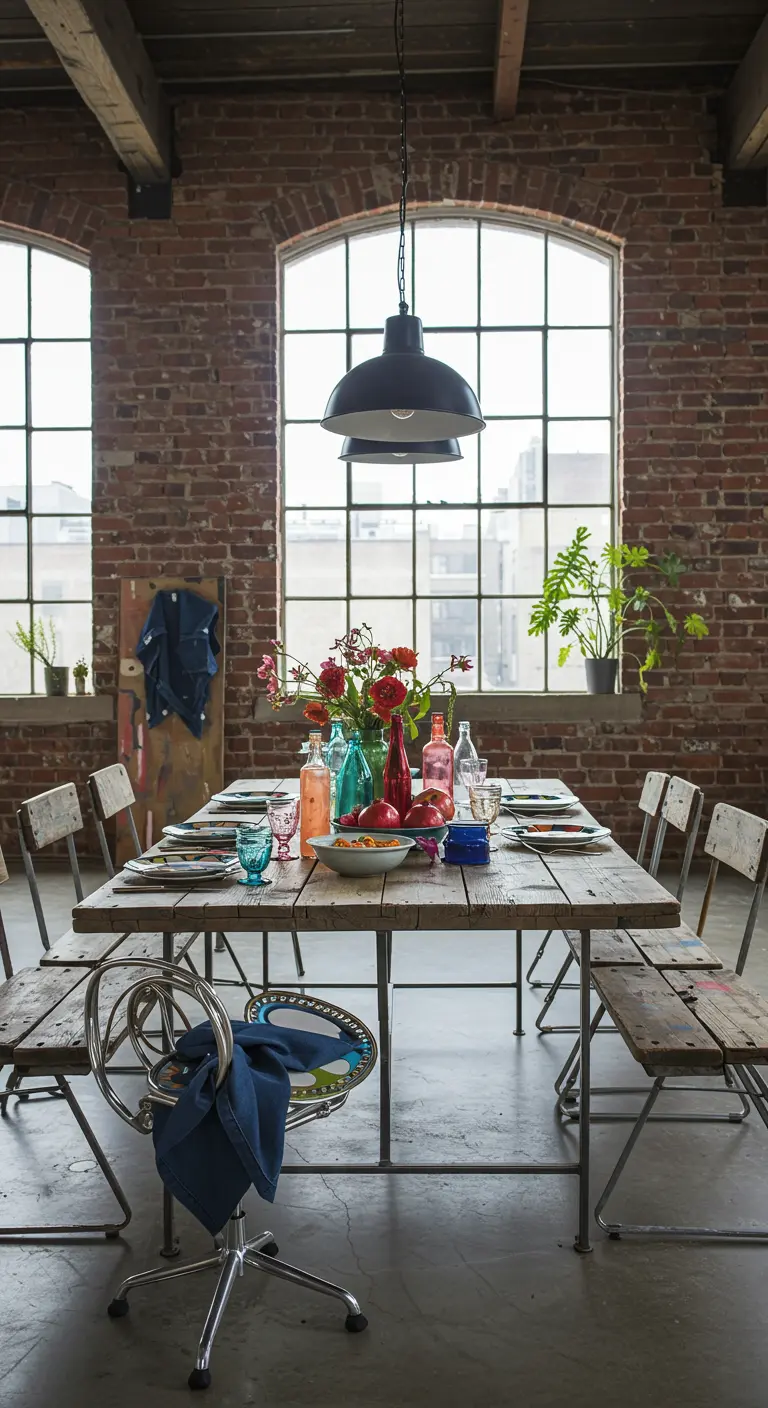 Table de brunch dans un loft industriel avec des murs en briques et des bouteilles colorées.