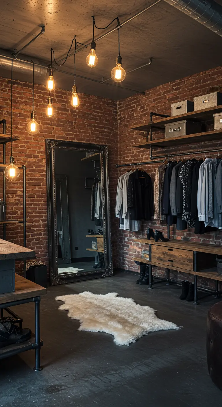 Dressing industriel avec mur de briques, penderies en métal, grand miroir et tapis en fausse fourrure.