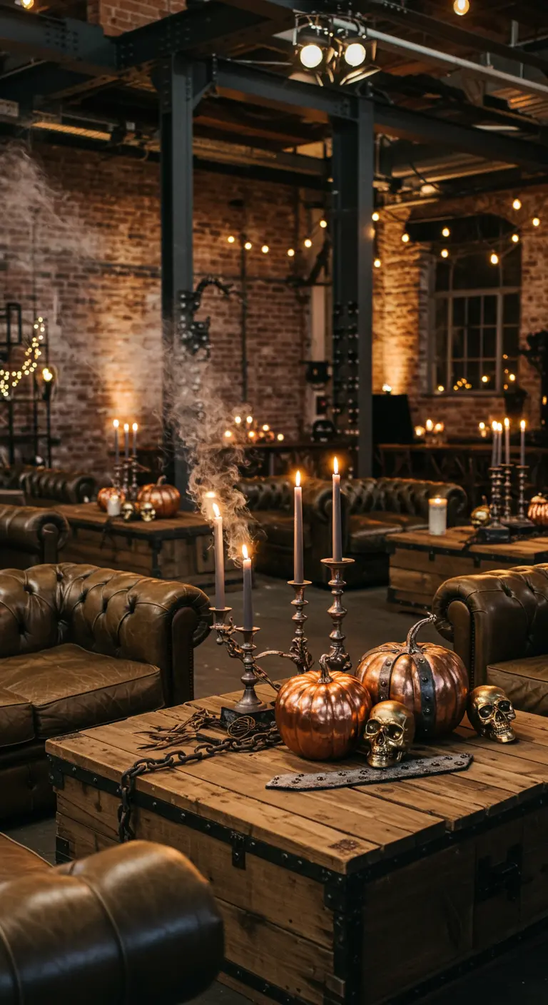 Décoration d'Halloween industrielle dans un loft avec citrouilles cuivrées, crânes dorés et bougeoirs métalliques