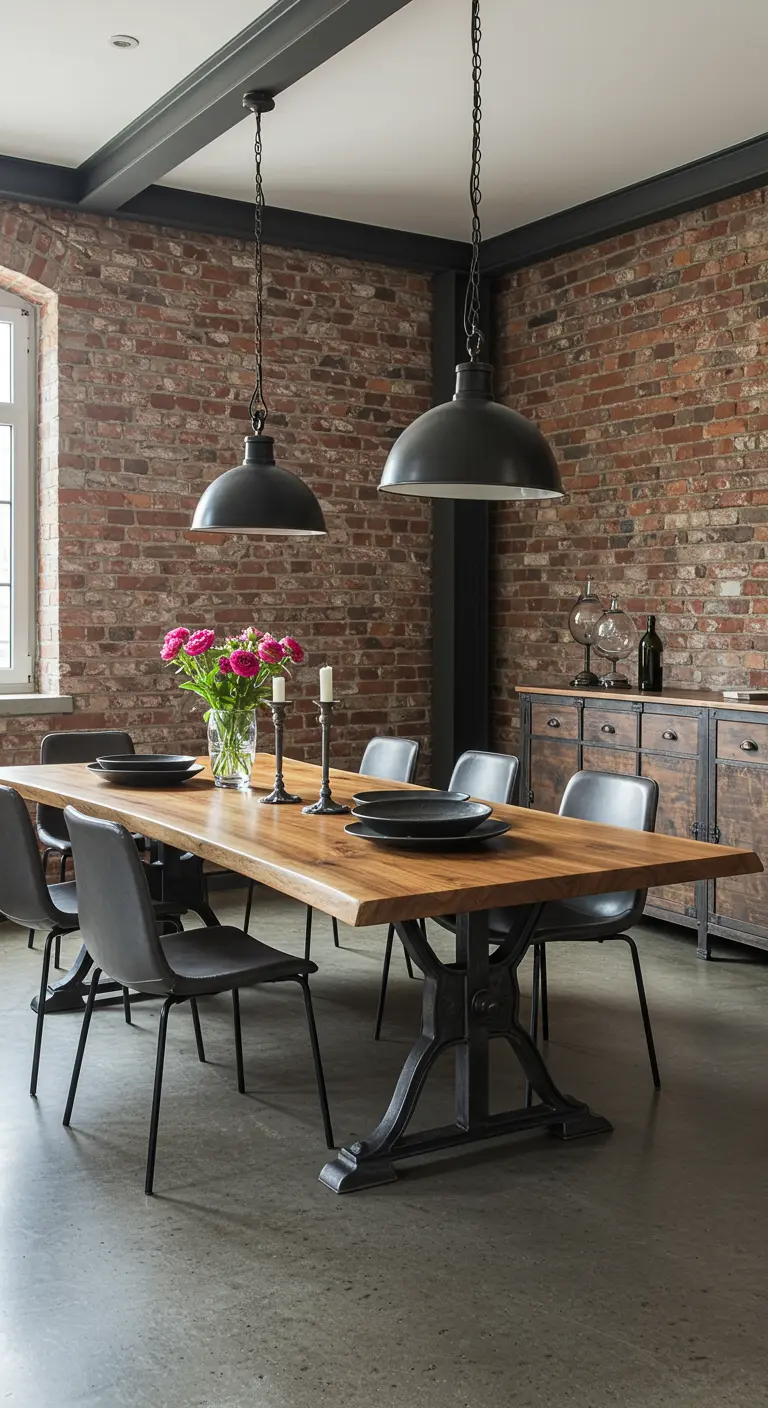 Salle à manger de style industriel avec des assiettes noires sur une table en bois.