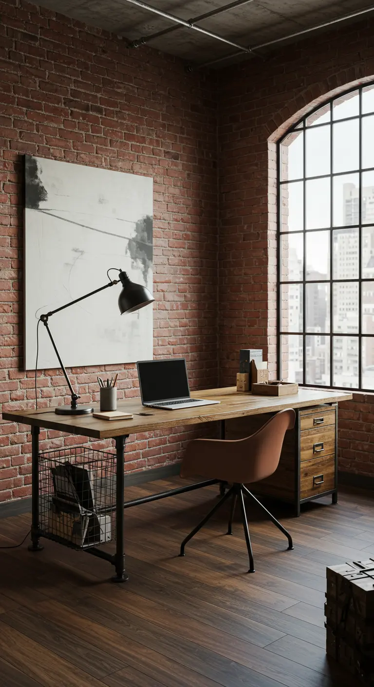 Bureau industriel avec plateau en bois, pieds en métal, mur de briques et grande fenêtre.