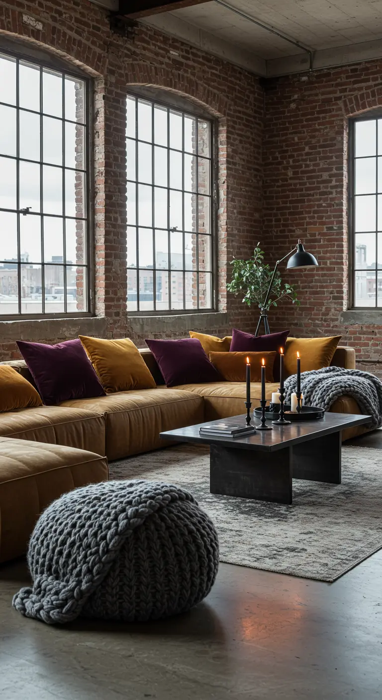 Salon de style loft avec mur de briques, canapé en velours ocre et pouf tricoté.