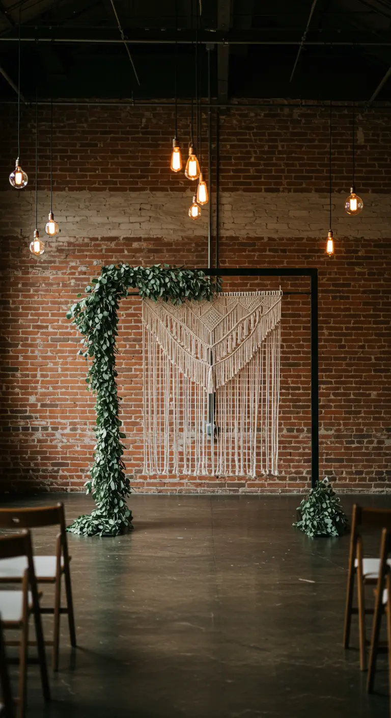 Arche métallique noire avec guirlande d'eucalyptus et macramé dans un loft.