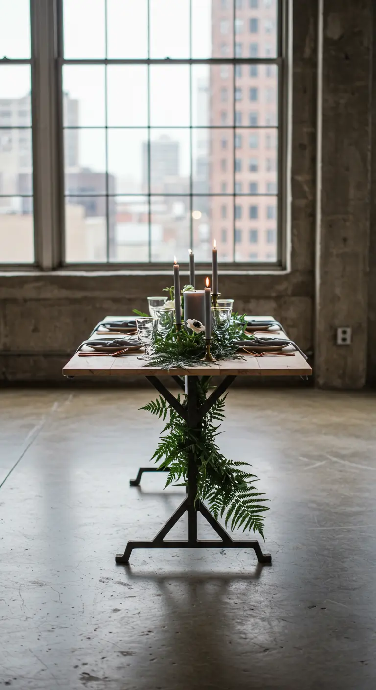 Table de style industriel avec une guirlande de fougères et des bougies grises