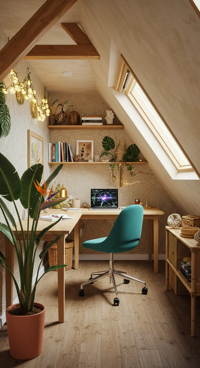 Bureau sous les combles avec étagères en bois, plantes tropicales et lumière naturelle.