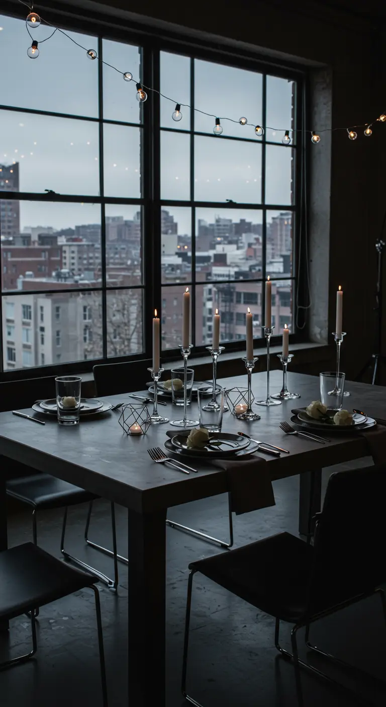 Table de dîner moderne dans un loft avec de hautes bougies.