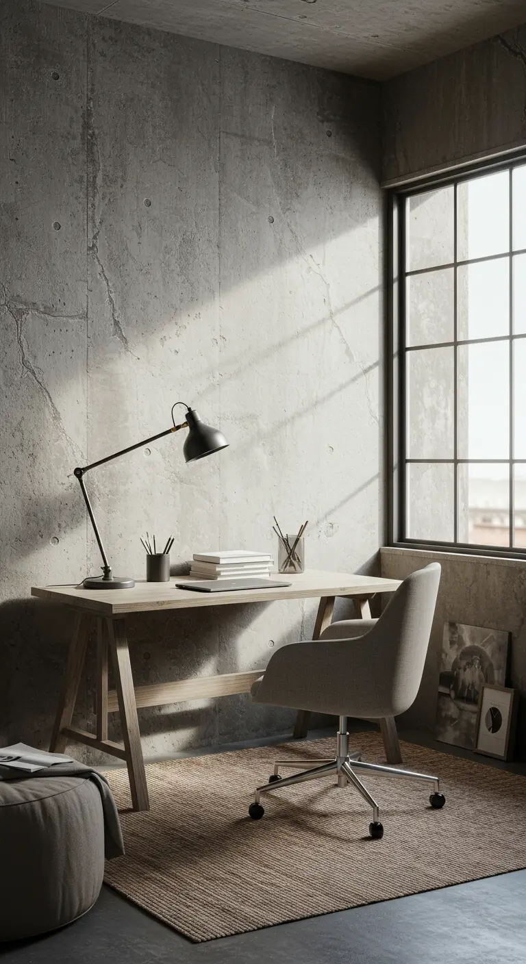 Bureau en bois dans un décor industriel avec un mur en béton et une grande fenêtre en métal.
