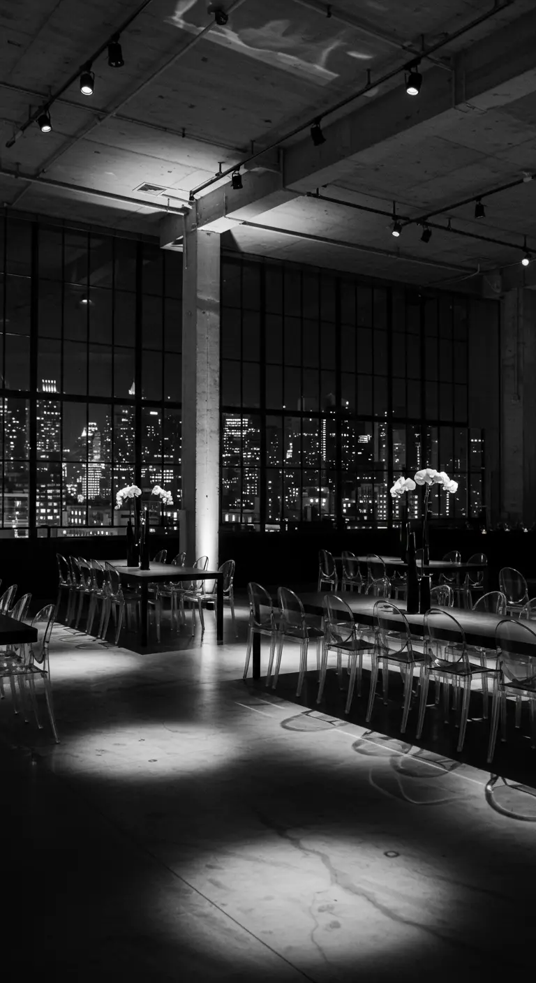 Salle de réception moderne avec vue sur la ville la nuit.