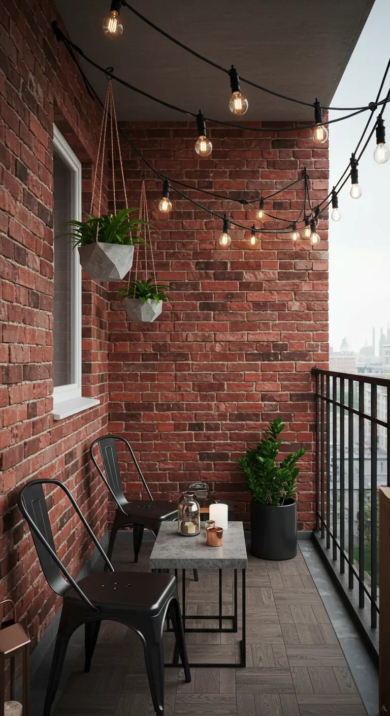 Balcon industriel avec mur de briques, chaises en métal et guirlandes Edison.