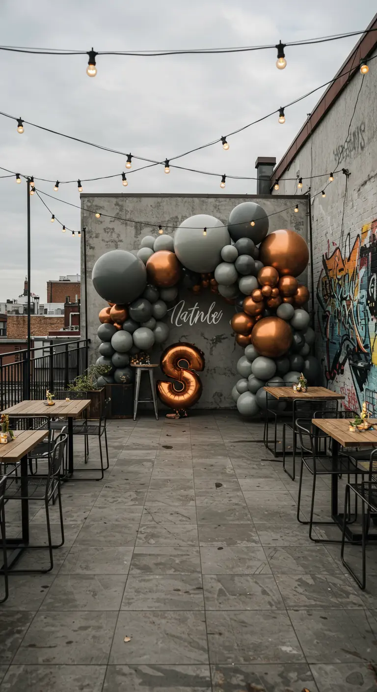 Terrasse urbaine avec mur graffiti, arche de ballons gris et cuivrés.