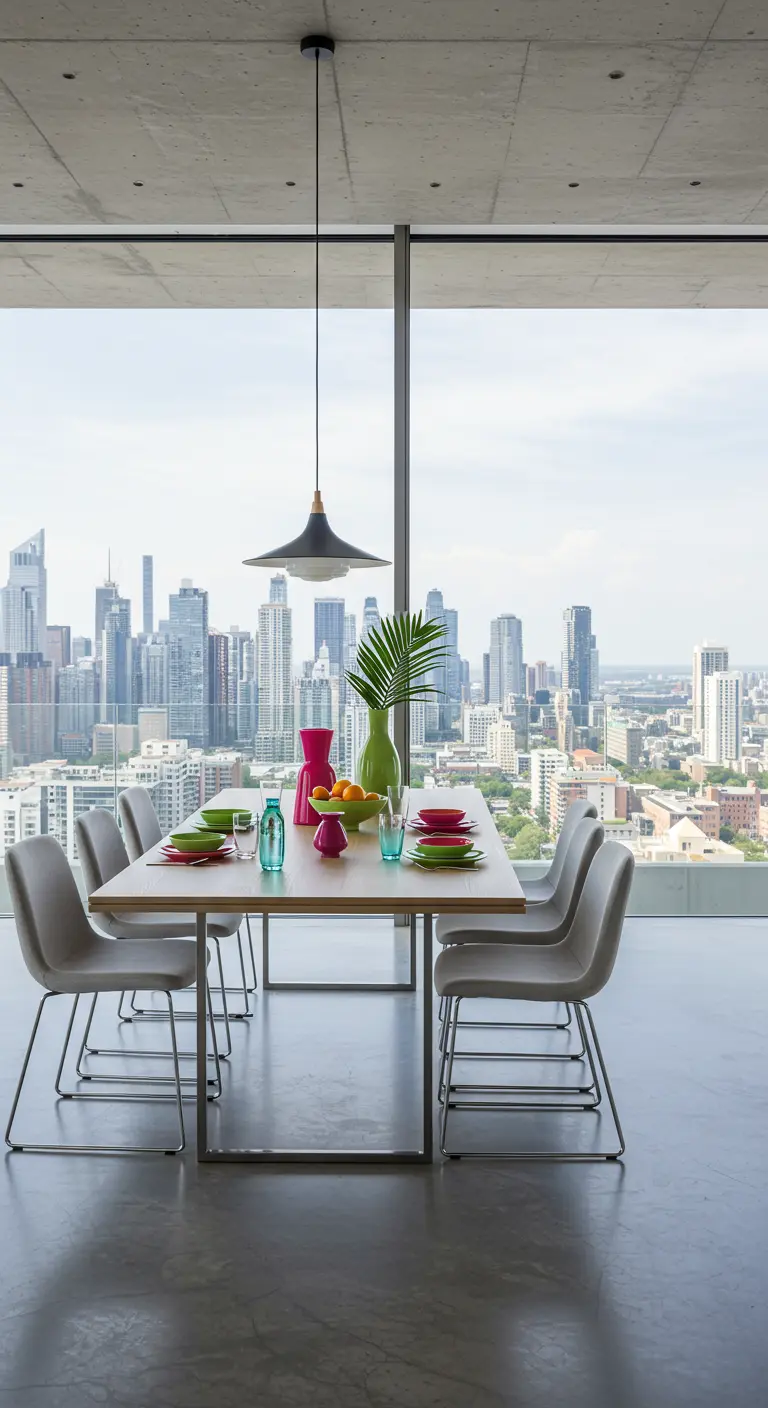Table moderne dans un loft urbain avec vue sur la ville et vaisselle colorée.