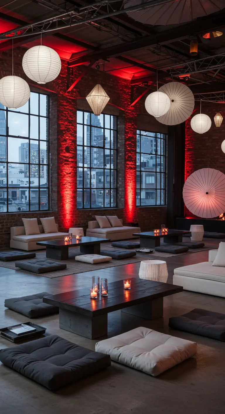 Loft urbain moderne avec tables basses sombres, coussins neutres, lampions blancs et éclairage mural rouge.