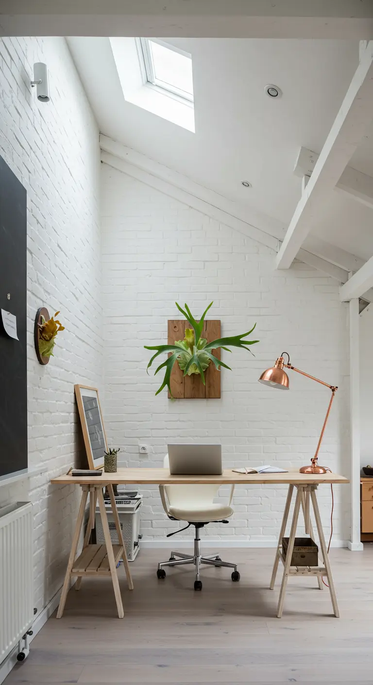 Bureau en bois dans un loft avec mur de briques blanches.