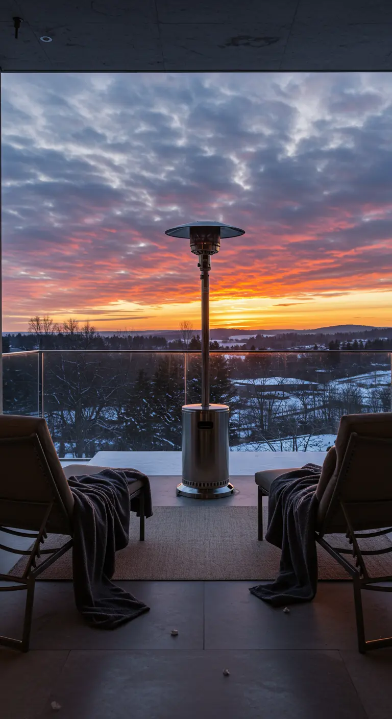Chaises longues et chauffage sur un balcon moderne face au coucher de soleil.