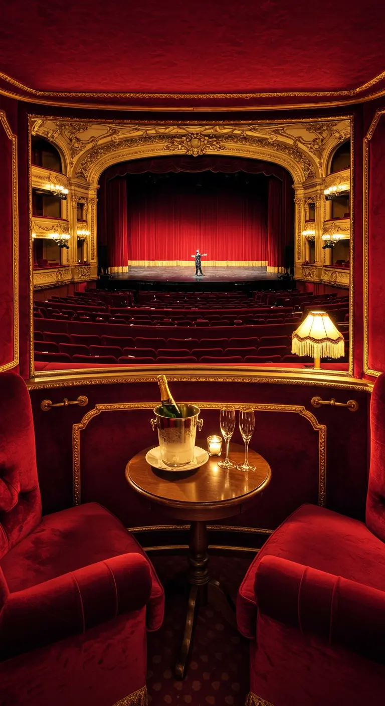 Loge d'opéra avec fauteuils en velours rouge, table de champagne et vue sur scène.