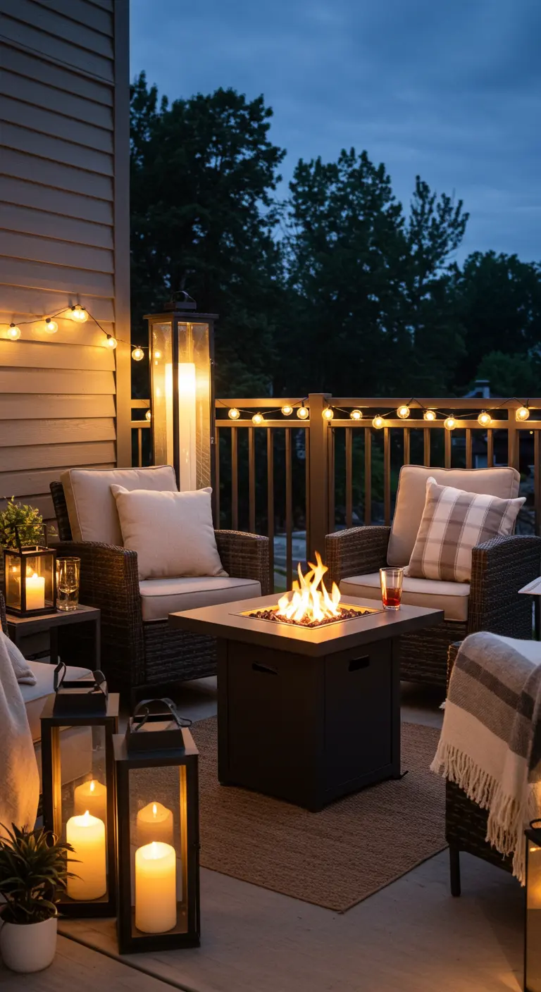 Patio avec brasero, fauteuils en rotin, coussins clairs, lampadaire extérieur, lanternes et guirlandes.