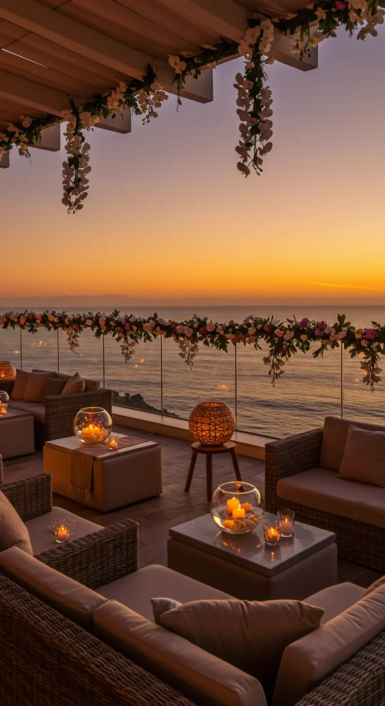 Terrasse lounge avec des fleurs suspendues surplombant l'océan au coucher du soleil.