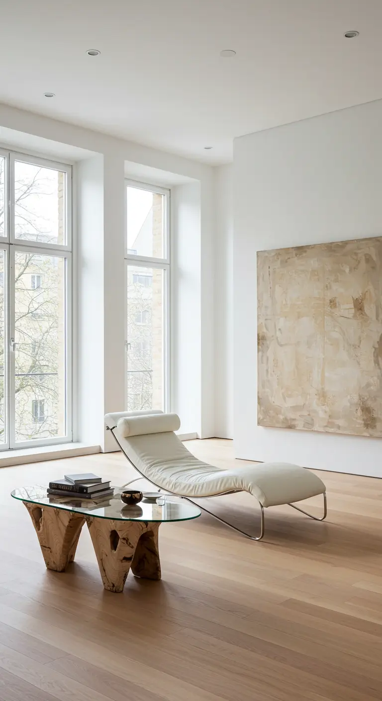 Salon minimaliste avec chaise longue crème, table basse sculpturale en bois clair et grand tableau abstrait.