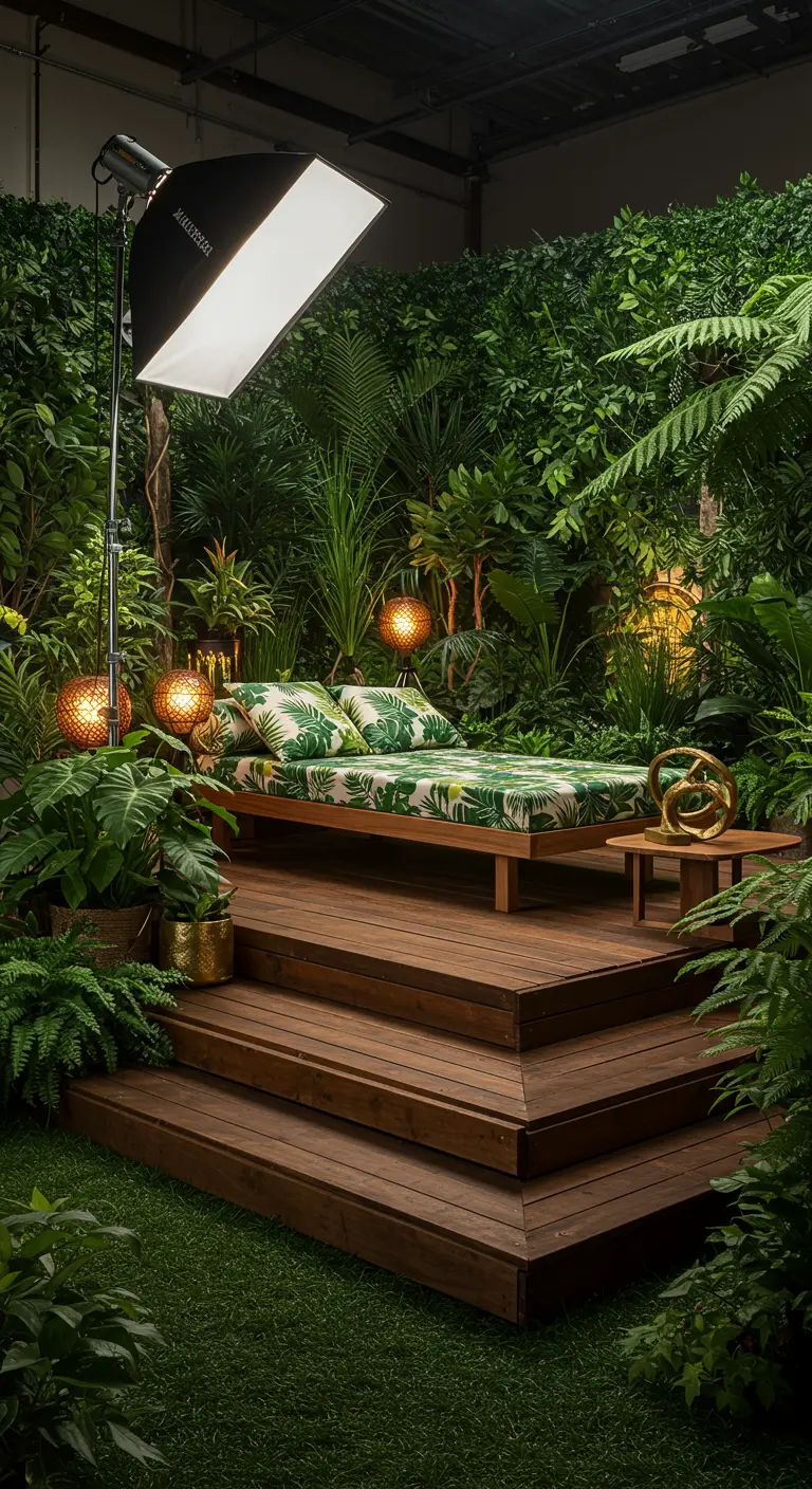 Lit de jour en bois sur une estrade, entouré de plantes tropicales, avec des lampes dorées et un grand softbox en studio.