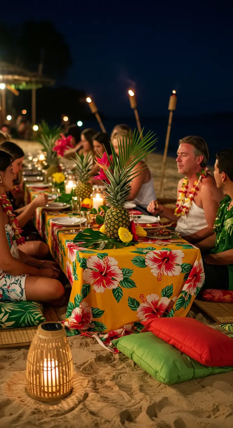 Dîner sur la plage avec une table basse, des coussins au sol et des ananas en centre de table.